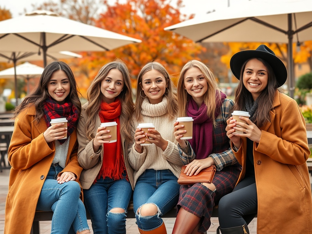 Cinci prietene zâmbitoare, cu cești de cafea, într-un parc colorat de toamnă. Stiluri primitoare.