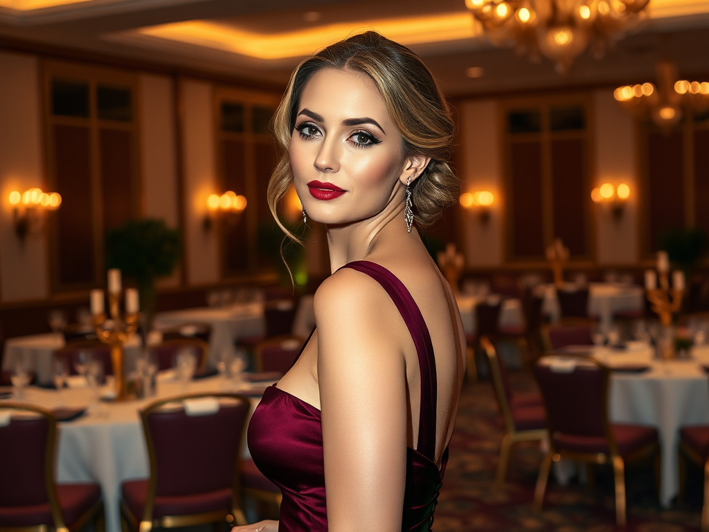 Kobieta w burgundowej sukni wieczorowej, z eleganckim makijażem, w restauracji z gustownie nakrytymi stołami.