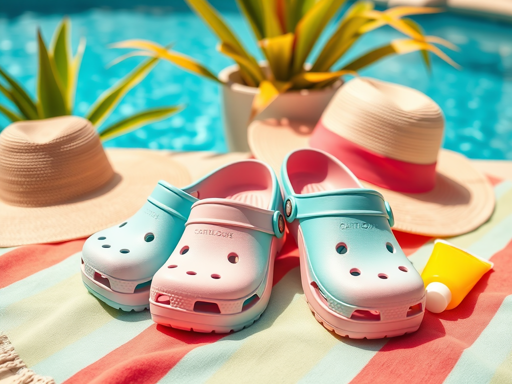 Parasolki, klapki w kolorach niebieskim i różowym oraz SPF na plaży w słoneczny dzień. W tle basen.