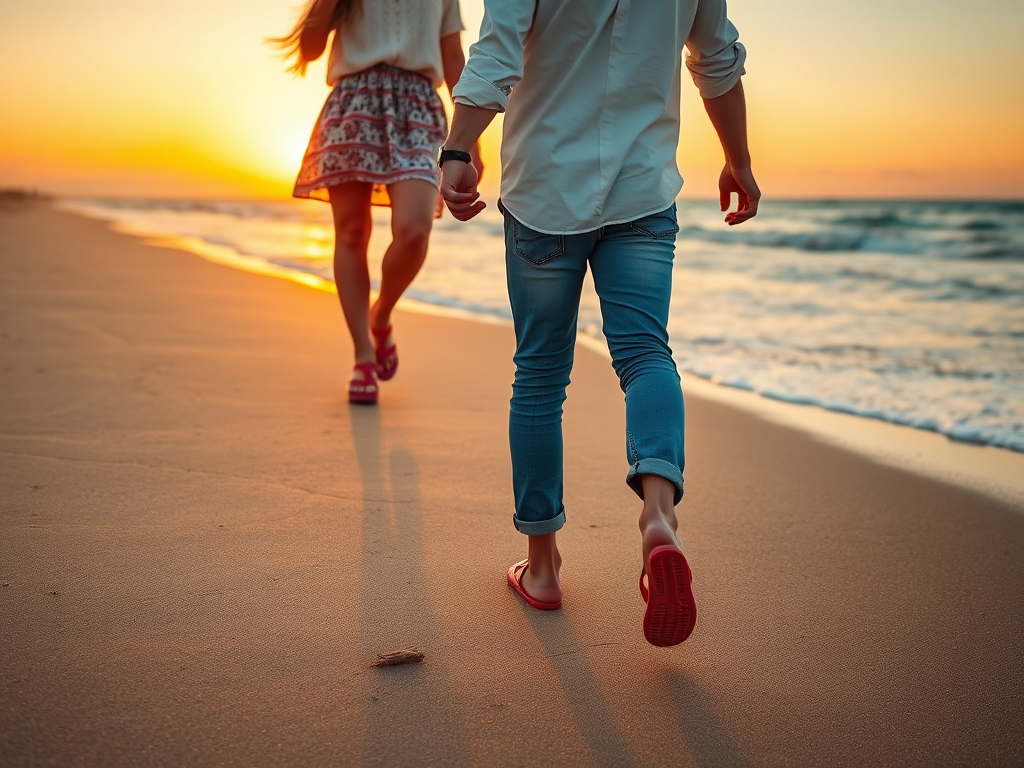 Para spacerująca po plaży o zachodzie słońca, idąca w kierunku morza, z miłym uśmiechem.